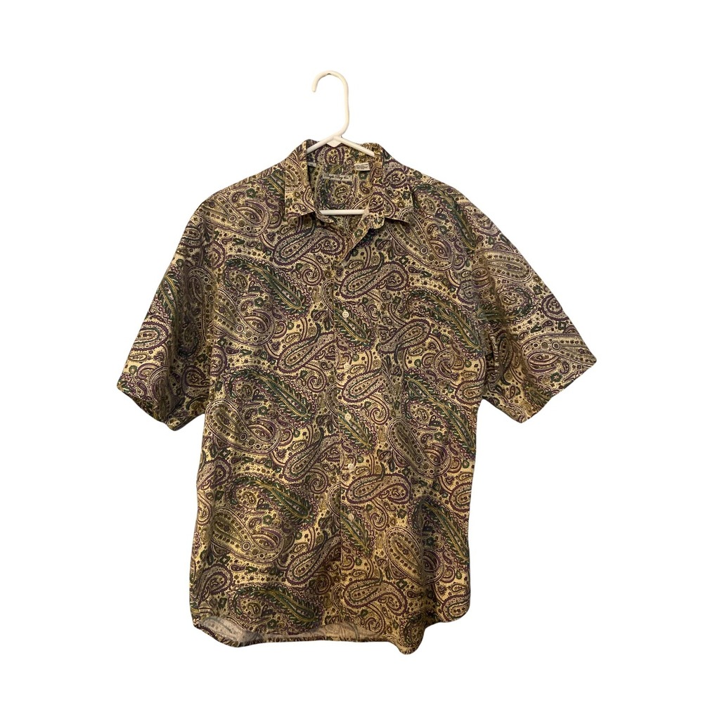 VTG Bugle Boy Co No-Wrinkle Cotton Button-Up S/S Beige Purple Paisley Medium M